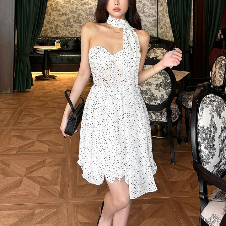Mini Strapless Ruffle Dress with Corset Design, Polka Dot Detail and Matching Scarf - Milia