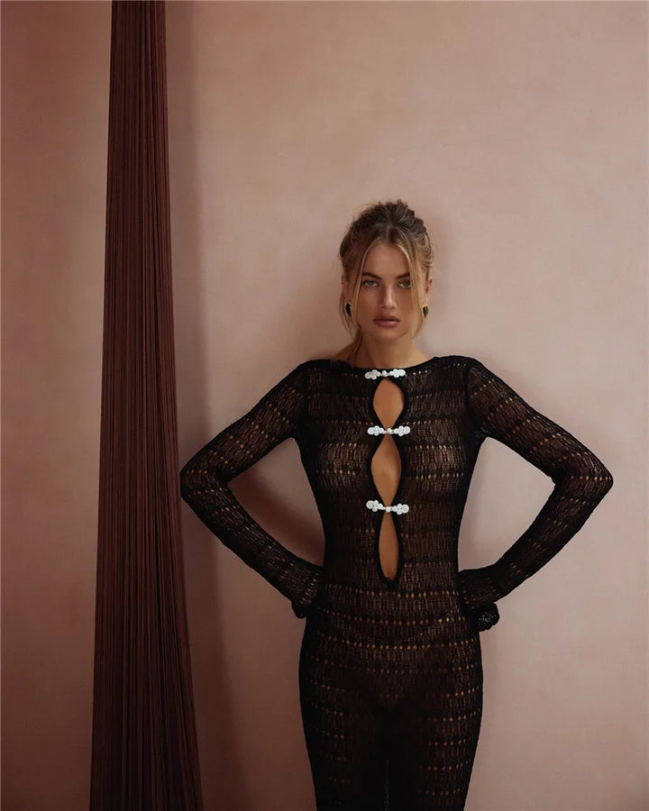 Knitted Maxi Beach Dress with Pin Decoration and Tie Detail on Open Back - Mikayla