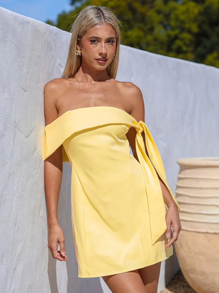 Mini A-line dress with bare shoulders decorated with tie - Sheli