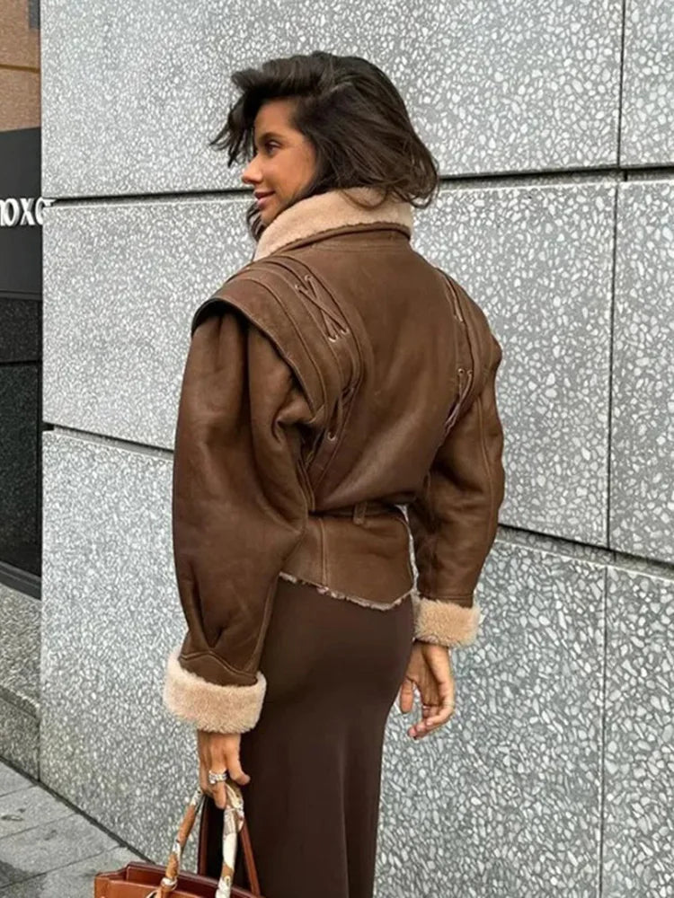 Leather coat with inner fur and belt tie design - Moran