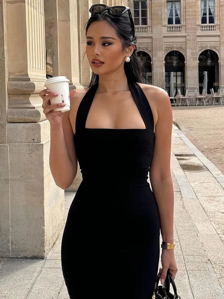 Fitted Midi Dress with Shaping Fabric and Open Back - Paislee