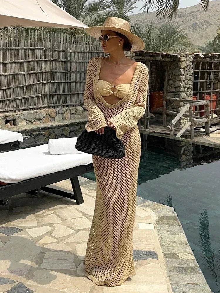 Mesh Maxi Beach Dress with Open Chest/Back - Amber