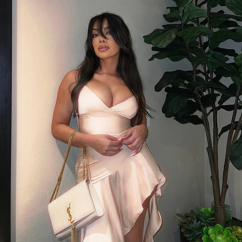 Satin Maxi Dress with Ruffle and Slit Detail - Siana