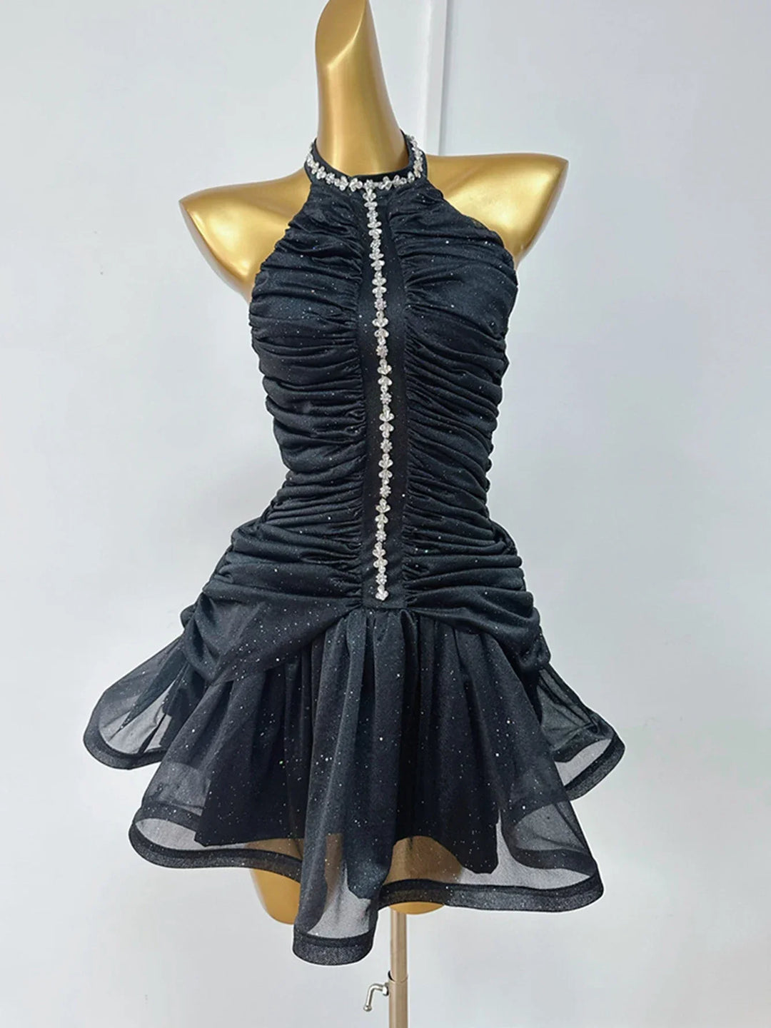 Chiffon Pleated Ruffled Mini Dress with Diamond and Sequin Decoration - Yava