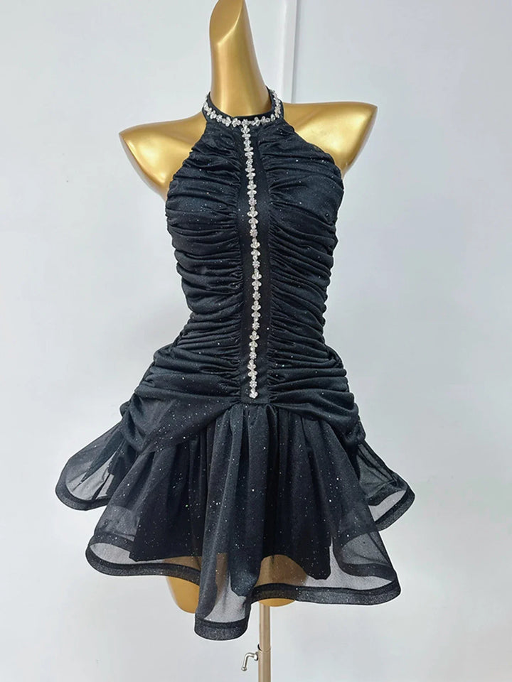 Chiffon Pleated Ruffled Mini Dress with Diamond and Sequin Decoration - Yava