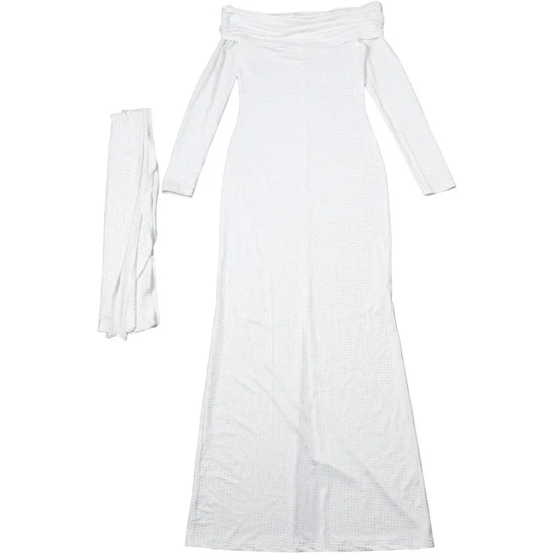 Maxi Off-Shoulder Dress with Glittering Sequins and Matching Scarf - Sandra