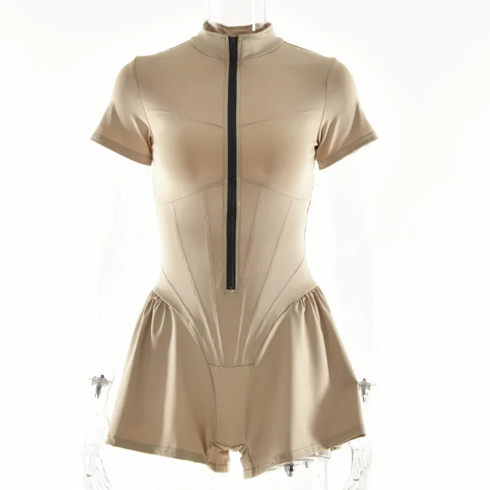 Short Sporty Jumpsuit with Corset Cut and Front Zipper Closure - Averie