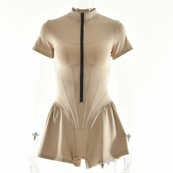 Short Sporty Jumpsuit with Corset Cut and Front Zipper Closure - Averie