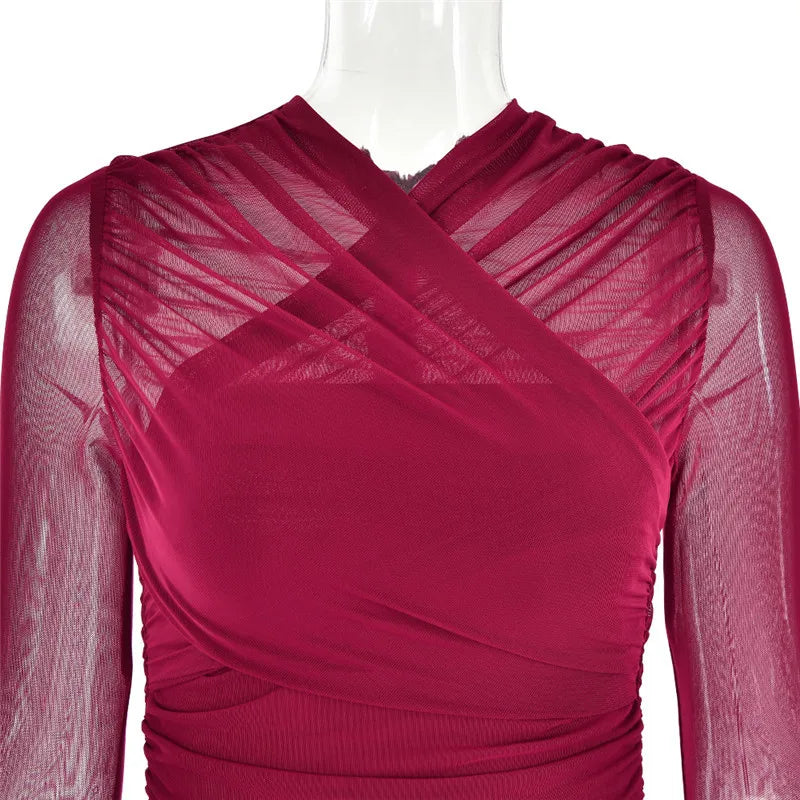 Fitted ruched mini dress with mesh design - Eddie