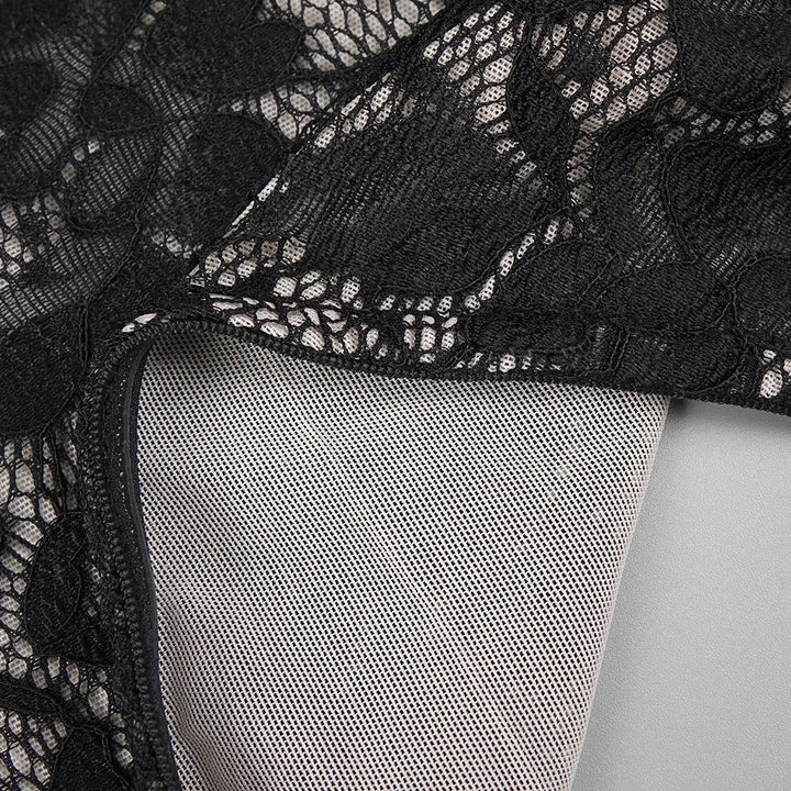 Maxi Dress with Ruching, Collar Cut, Opaque Lace Design, and Open Back - Elliana