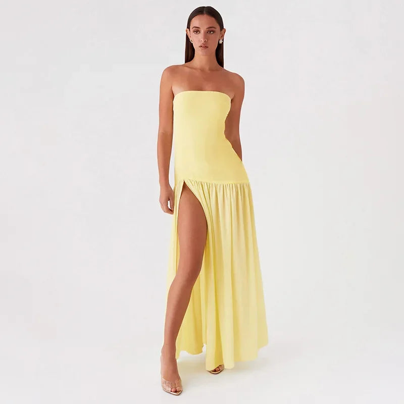 Maxi Strapless Chiffon Dress with Slit Detail - Pia