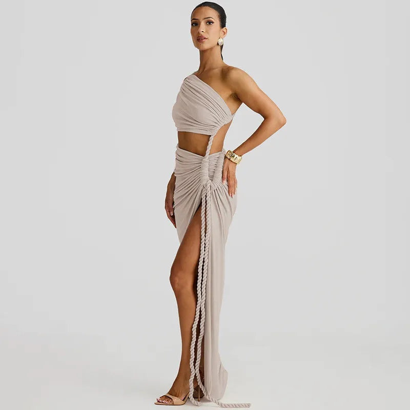 Maxi One-Shoulder Dress with Cutout and Slit, Braided Detail - Panama