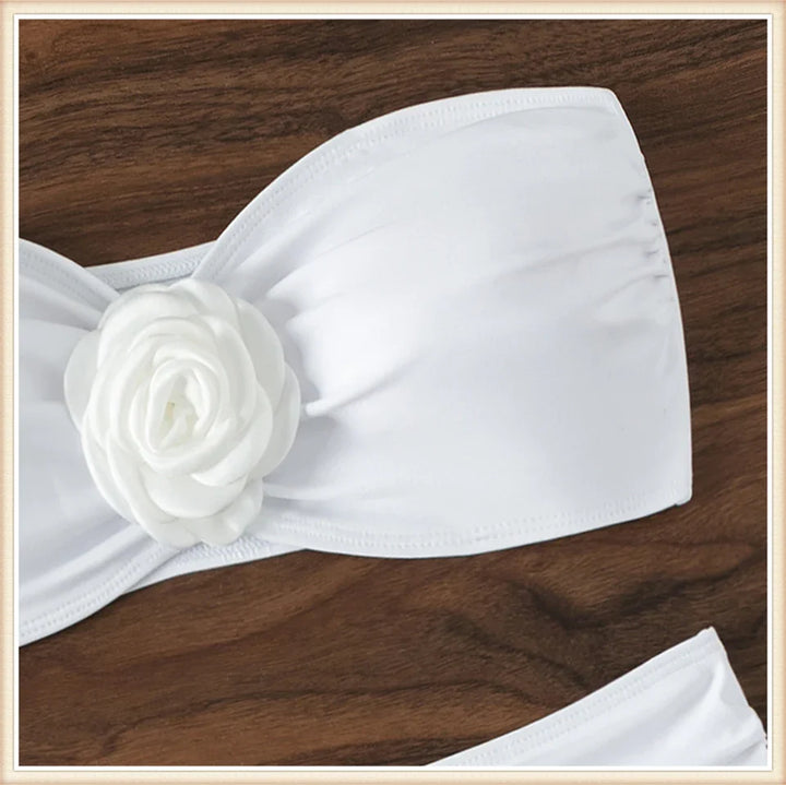 Strapless Bikini Top with Flower Decoration and High-Waist Shaping Bottom - Vanilla
