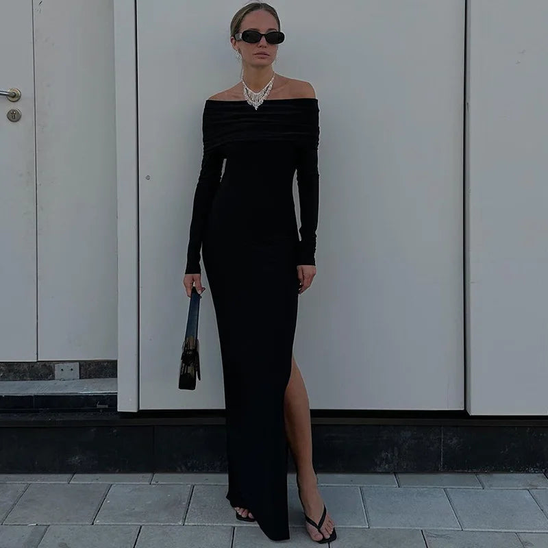 Maxi evening dress with slit and off-the-shoulder design - Natali