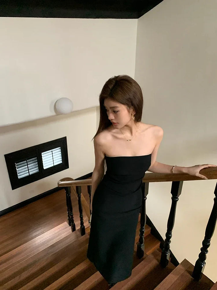 Elegant Strapless Midi Dress with Slit Decoration - Coral