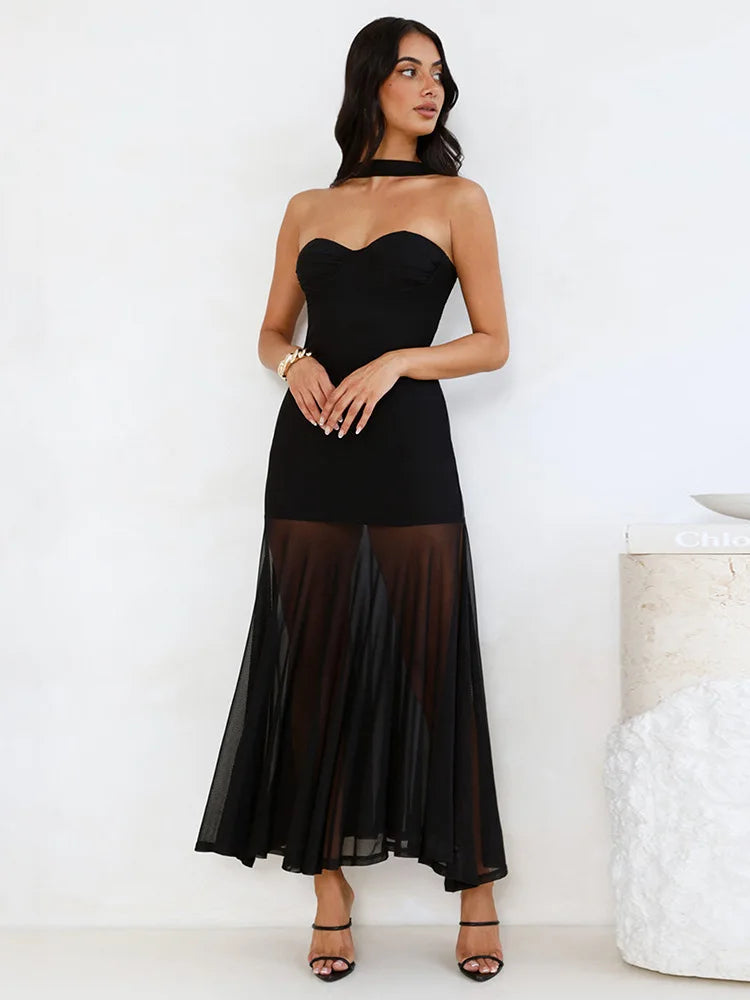 Maxi Collar Dress with Chiffon Detail and Open Back - Rachel