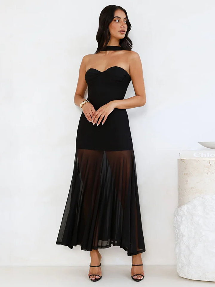 Maxi Collar Dress with Chiffon Detail and Open Back - Rachel