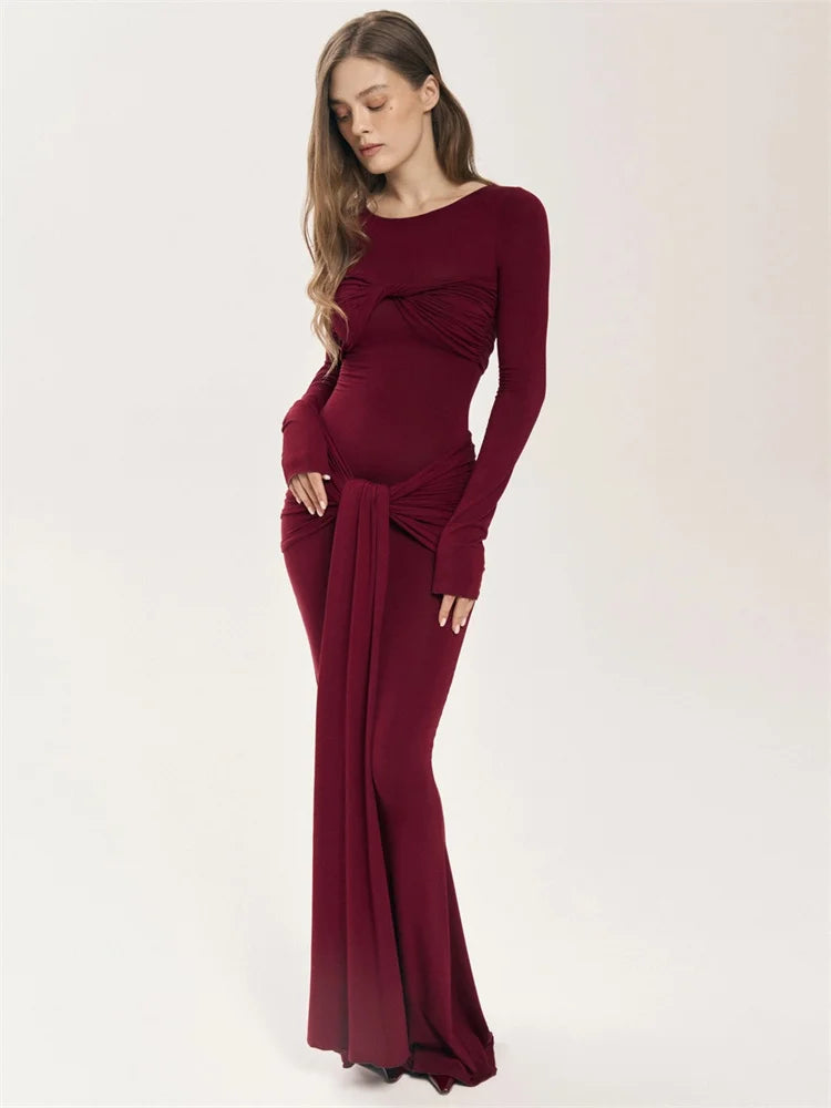 Modest Maxi Dress with Ruching and Tie Detail - Nahev