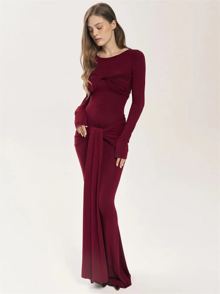 Modest Maxi Dress with Ruching and Tie Detail - Nahev