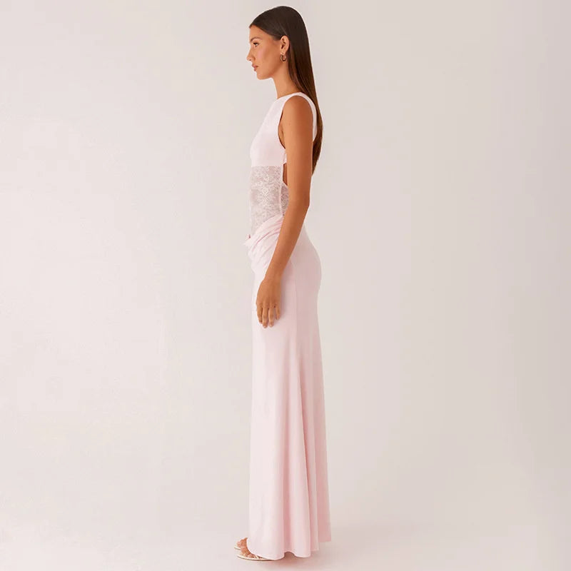 Maxi Dress with Lace and Pleats, Open Back - Lilin