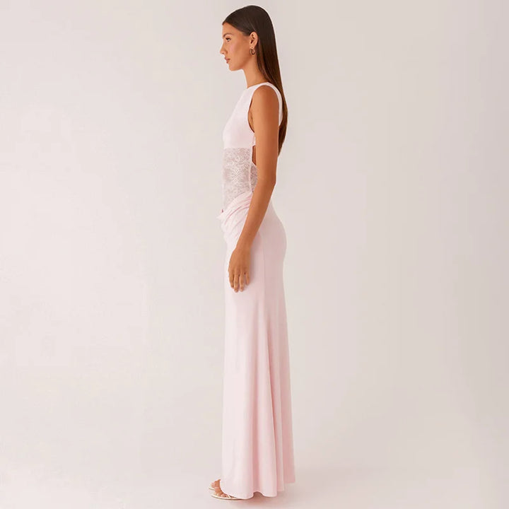 Maxi Dress with Lace and Pleats, Open Back - Lilin