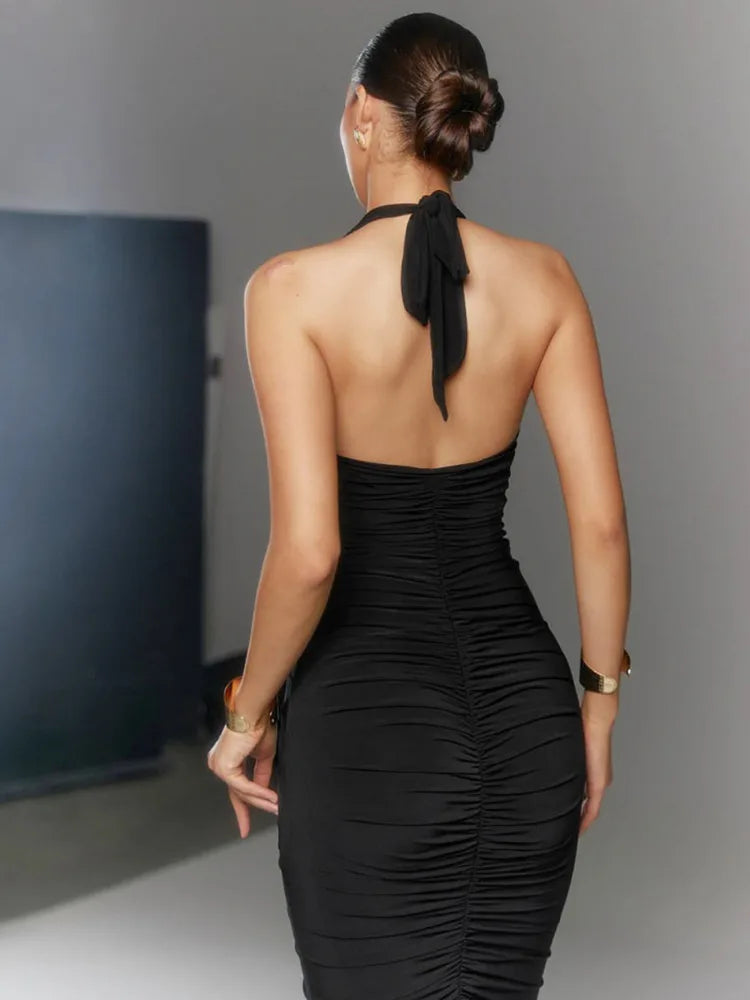 Maxi Dress with Ruching, Open Back, and Neck Tie - Lima