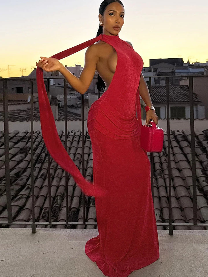 Velvet Collar Maxi Dress with Open Back and Pleats - Ciara