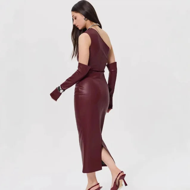 One-Shoulder Faux Leather Maxi Dress with Glove Detail - Thea