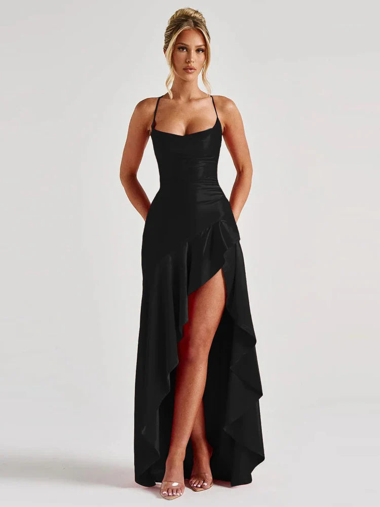 Satin ruffled maxi dress with back ties - Fabiola