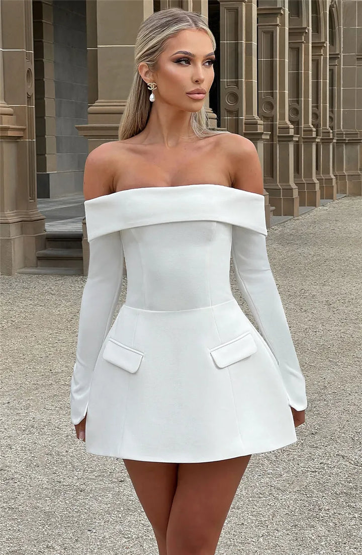 A-line off-shoulder mini dress with faux pocket design - Macy