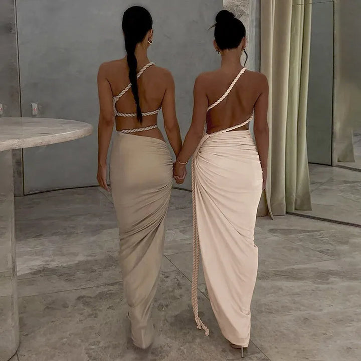 Maxi One-Shoulder Dress with Cutout and Slit, Braided Detail - Panama