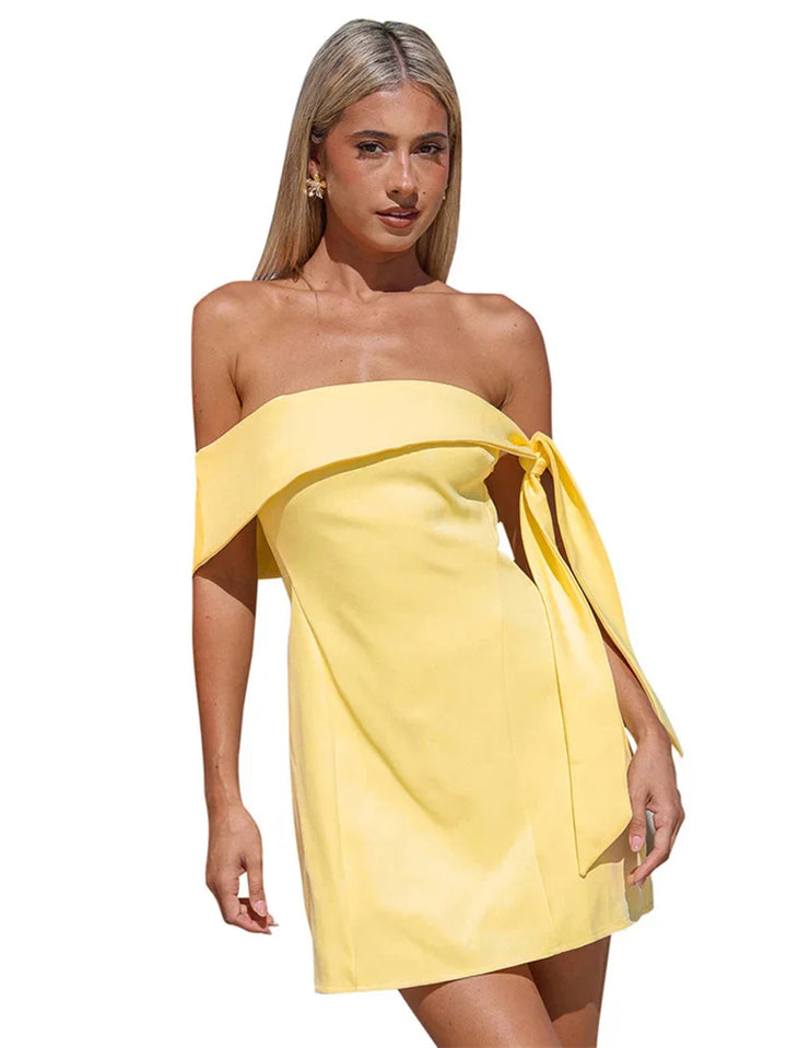 Mini A-line dress with bare shoulders decorated with tie - Sheli