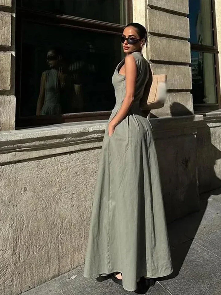 Tailored A-Line Maxi Dress with Front Zipper Closure - Adriana