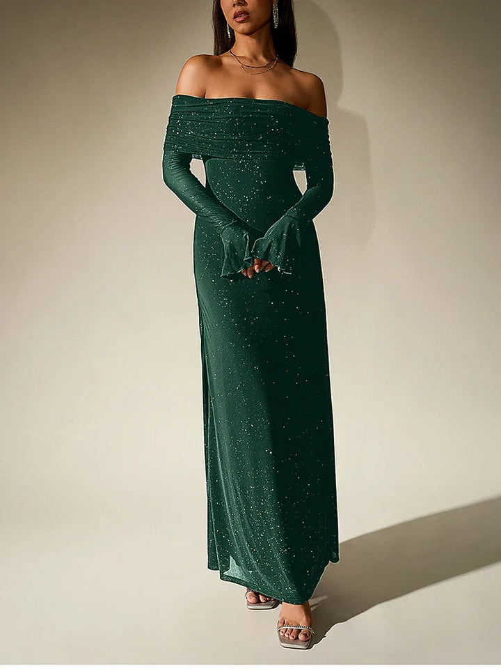 Sequin maxi dress with off-shoulder design and bell sleeves - Margarita