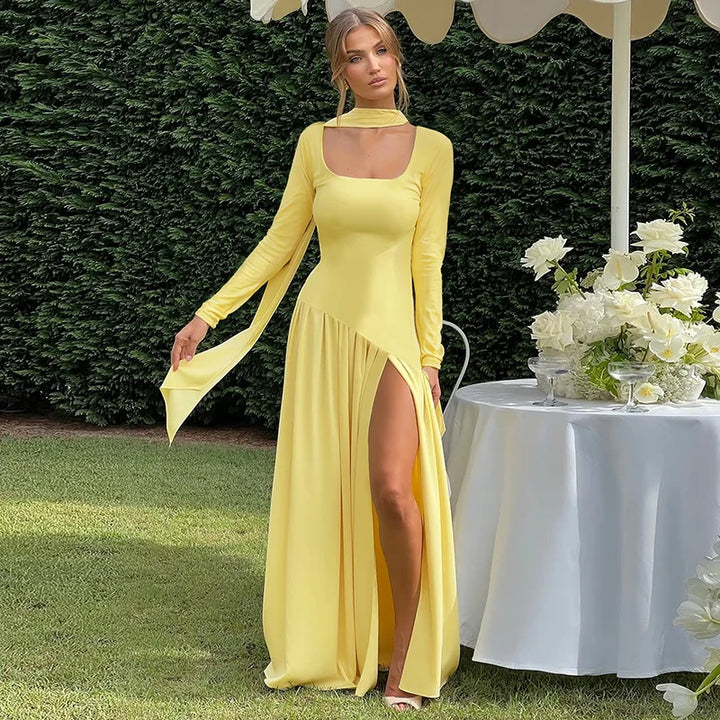 Elegant Maxi Dress with Slit and Scarf Decoration - RONA LI