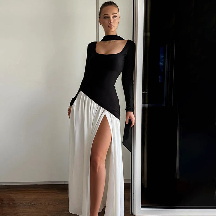 Elegant Maxi Dress with Slit and Scarf Decoration - RONA LI