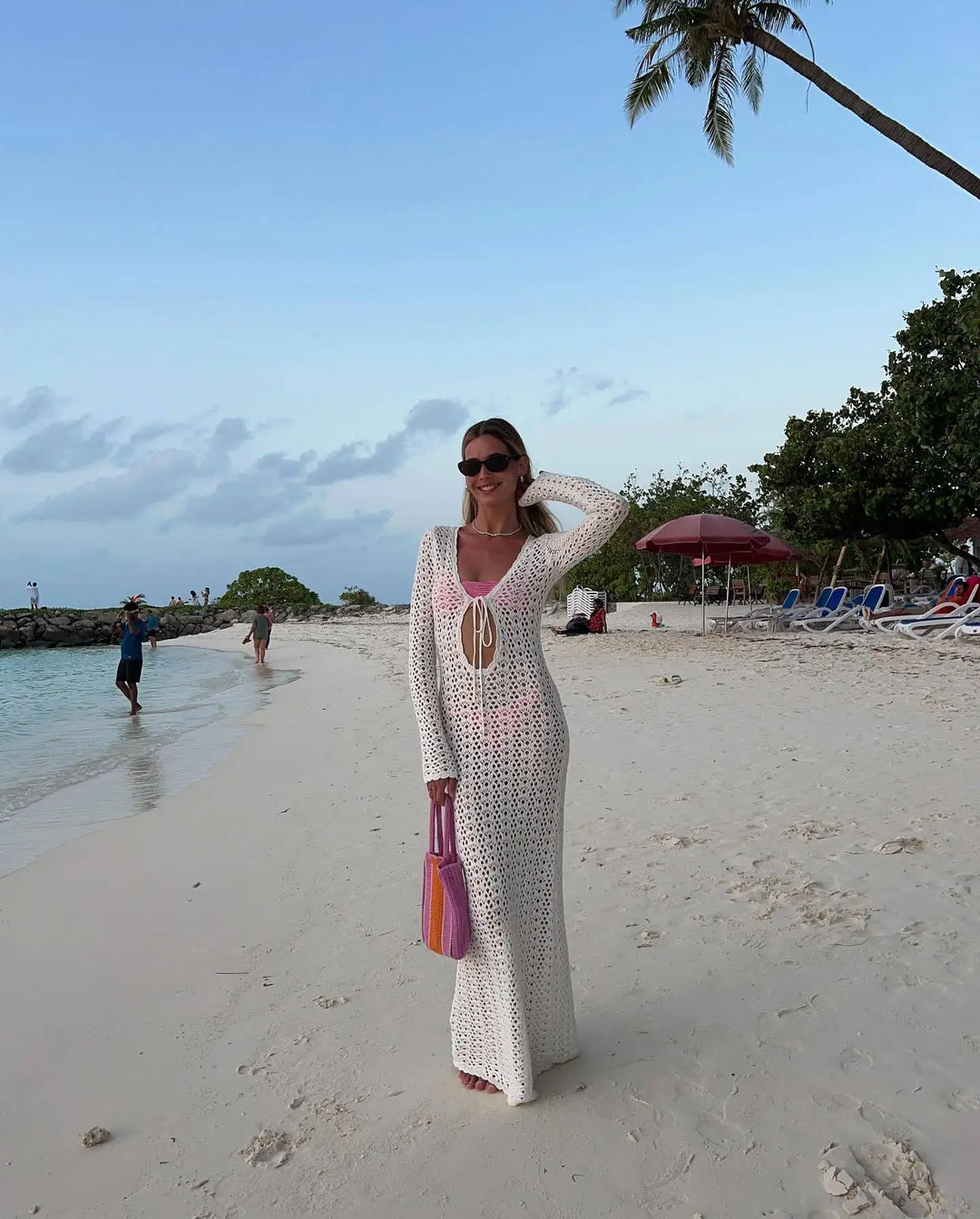 Crochet Maxi Dress with Tie Detail on Chest - Halo