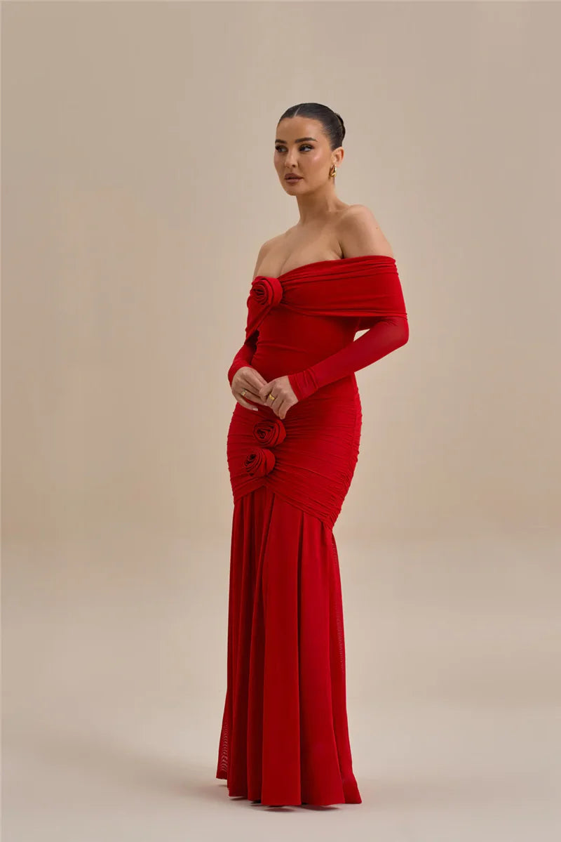 Off-shoulder maxi dress with ruching and floral appliqué decoration - Angelica