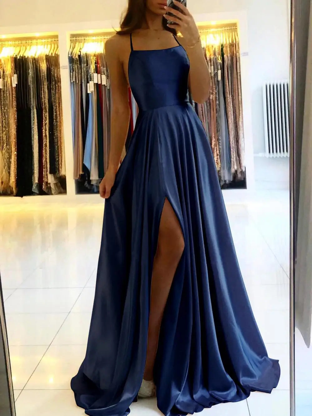 Elegant Maxi Satin Dress with Slit, A-Line Design, Back Tie - Prince