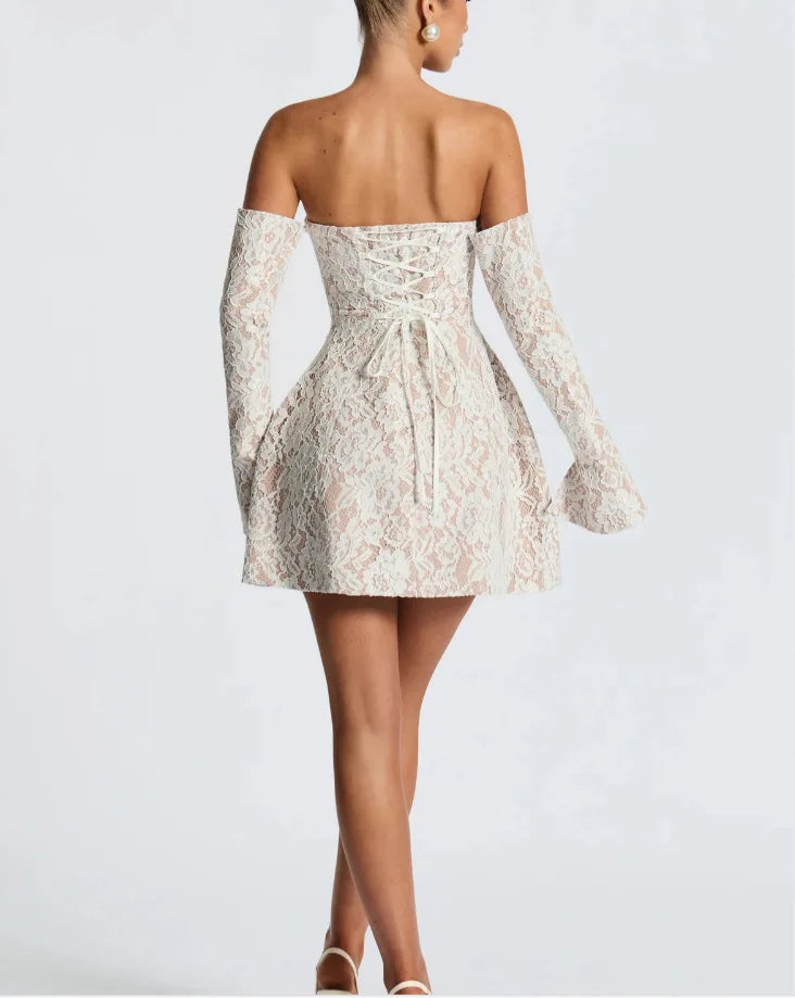 Lace mini dress in A-line cut with matching sleeve details - Ann