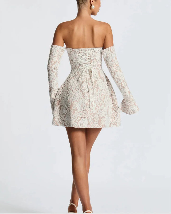 Lace mini dress in A-line cut with matching sleeve details - Ann