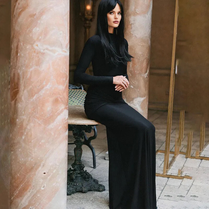 Turtleneck open-back maxi dress with ruching decoration - Ilayil