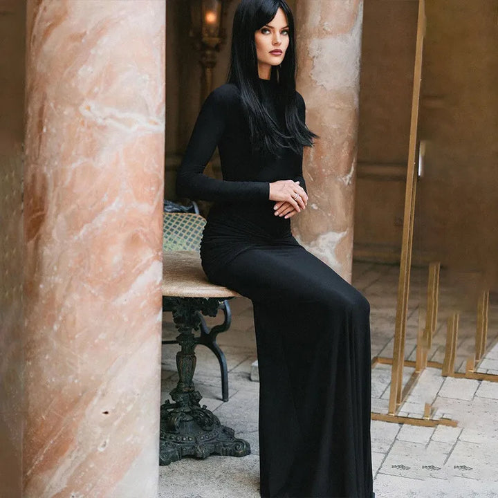 Turtleneck open-back maxi dress with ruching decoration - Ilayil
