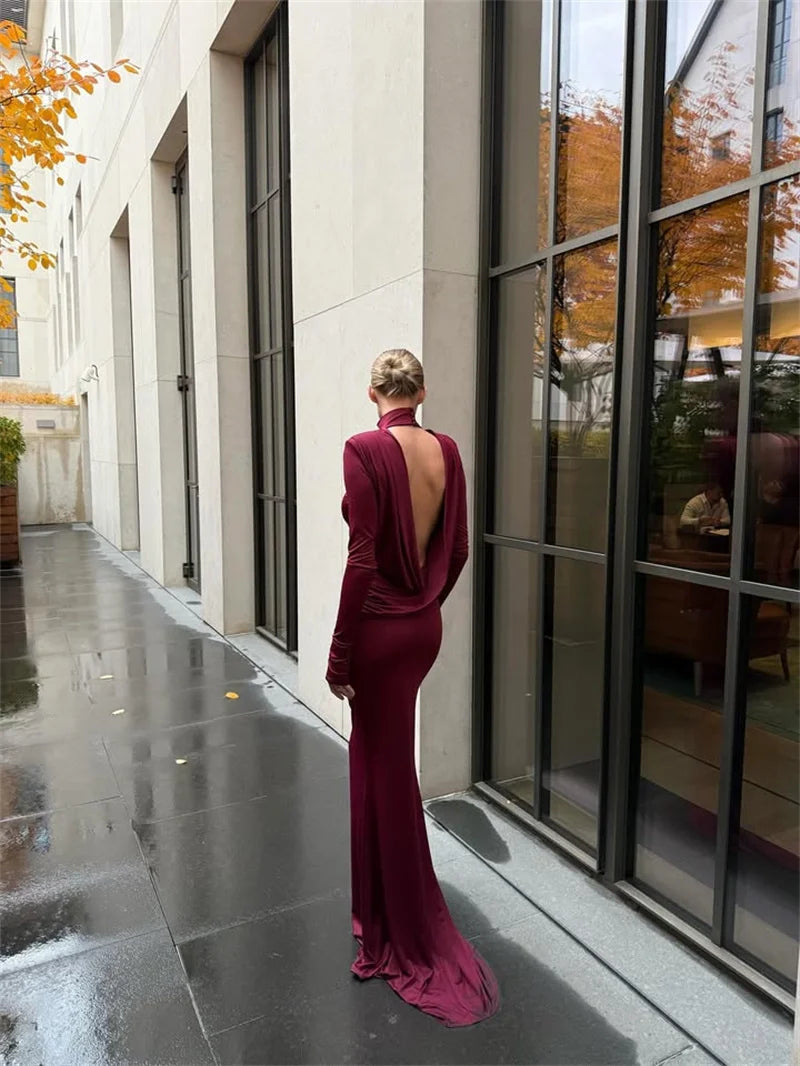 Elegant maxi dress with collar and open back - LARIAN