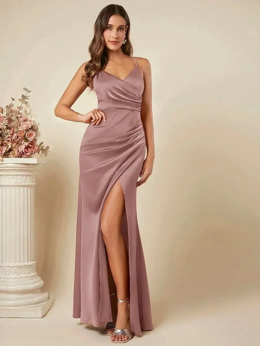 Elegant Maxi Satin Dress with Slit Detail - Reina