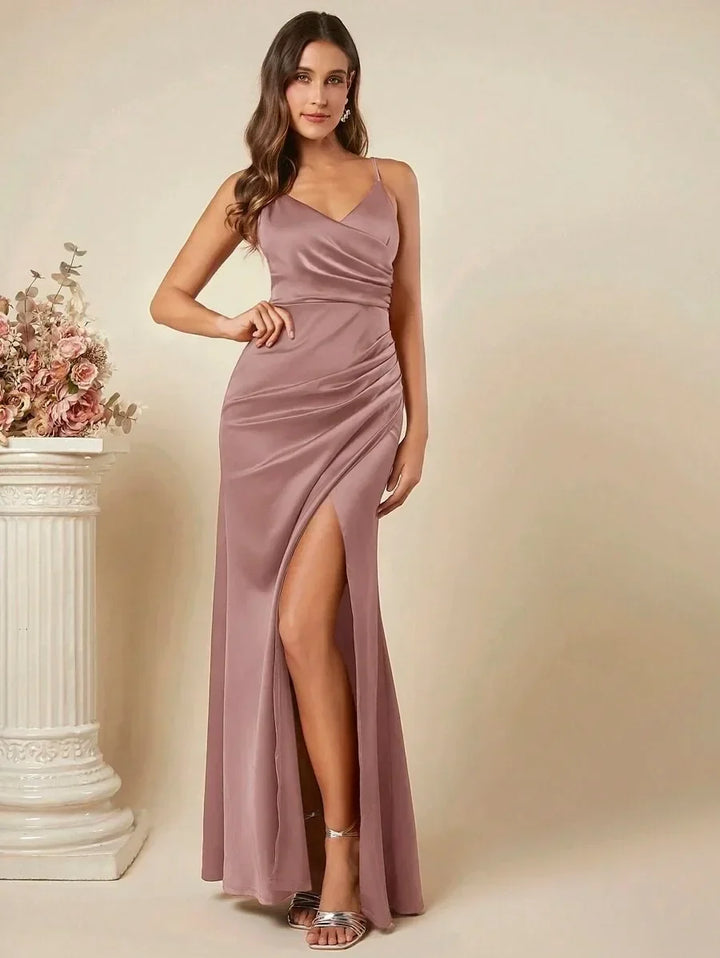 Elegant Maxi Satin Dress with Slit Detail - Reina