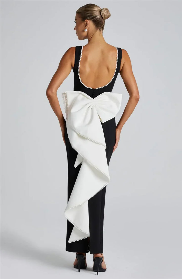 Elegant maxi dress with open back, bow, and pearl decoration - Alberta