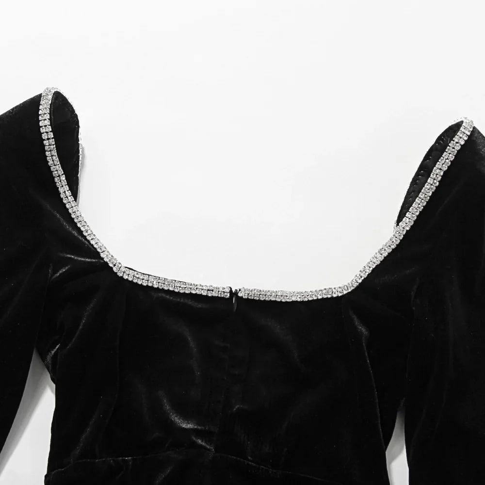 Mini velvet dress with deep V neckline decorated with diamonds - SANA
