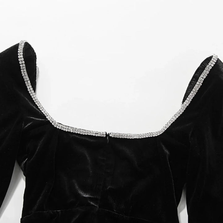 Mini velvet dress with deep V neckline decorated with diamonds - SANA