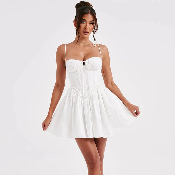 A-Line Mini Dress with Embroidery and Tie Straps - GAYA
